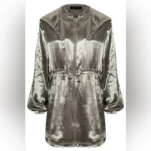 Londunn + Missguided Silver Satin Oversized Jacket with adjustable waist size 2